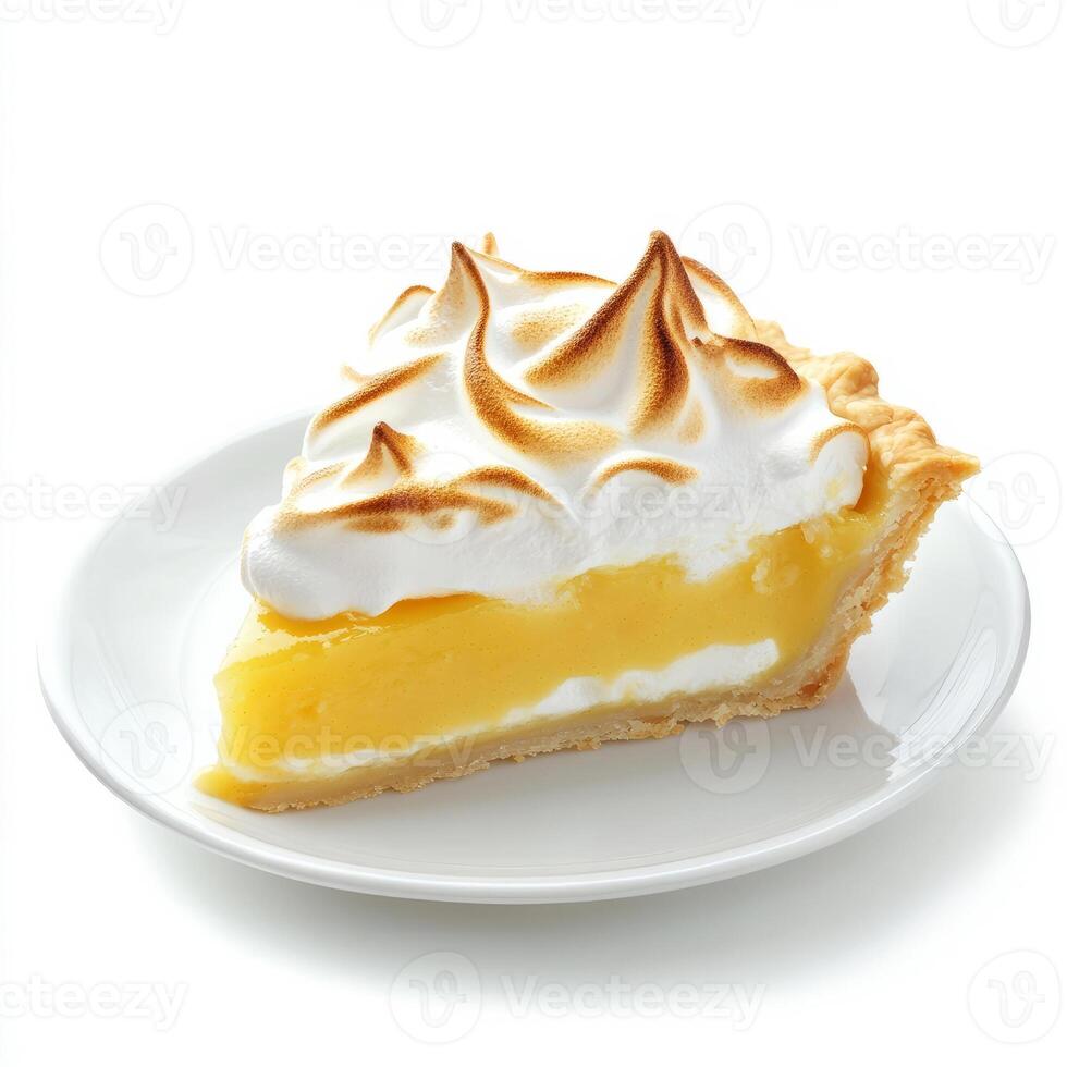 A well crafted shot of a slice of lemon meringue pie, featuring a tangy lemon custard and fluffy photo