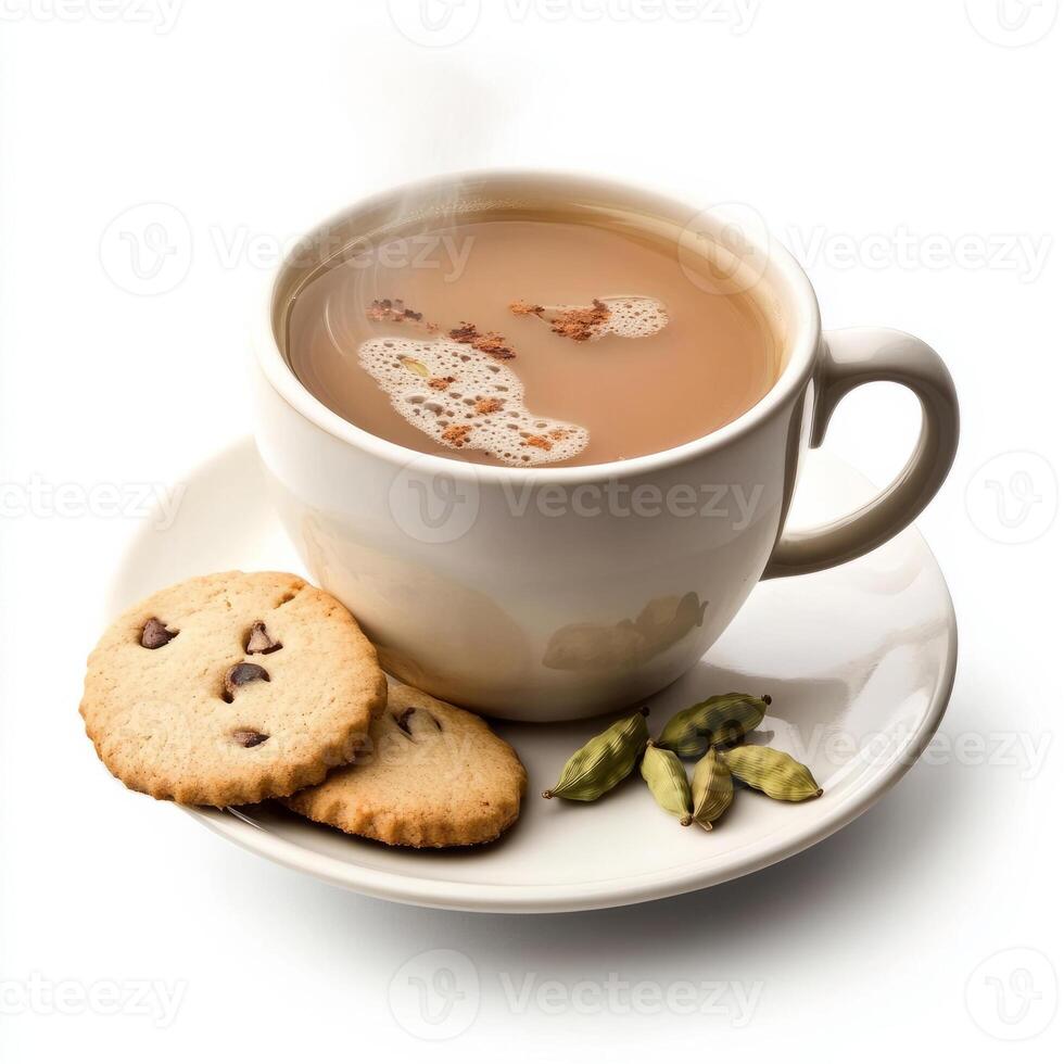 A steaming cup of masala chai, with a rich brown color and aromatic spices, served with cardamom photo