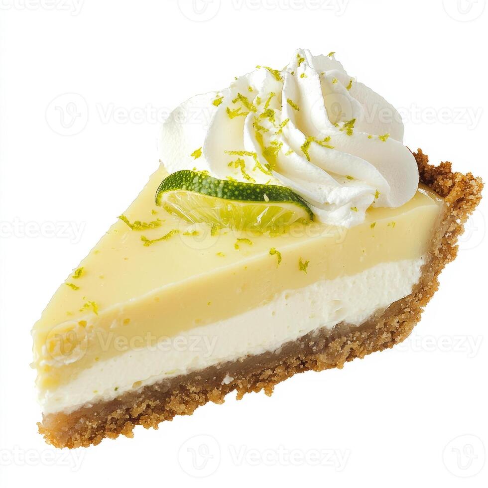 An enticing shot of a slice of key lime pie, its creamy filling resting on a graham cracker crust, photo