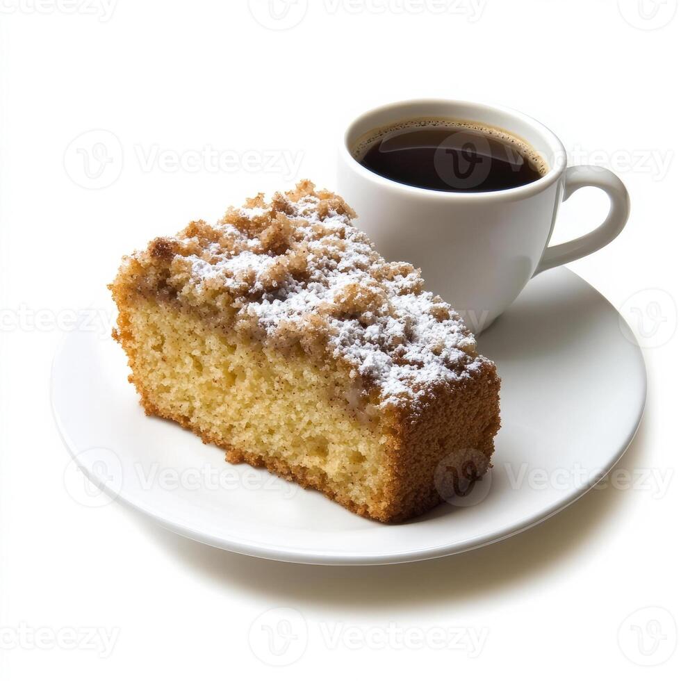 A delectable close-up of a slice of coffee cake, topped with a crumbly streusel and a dusting of photo