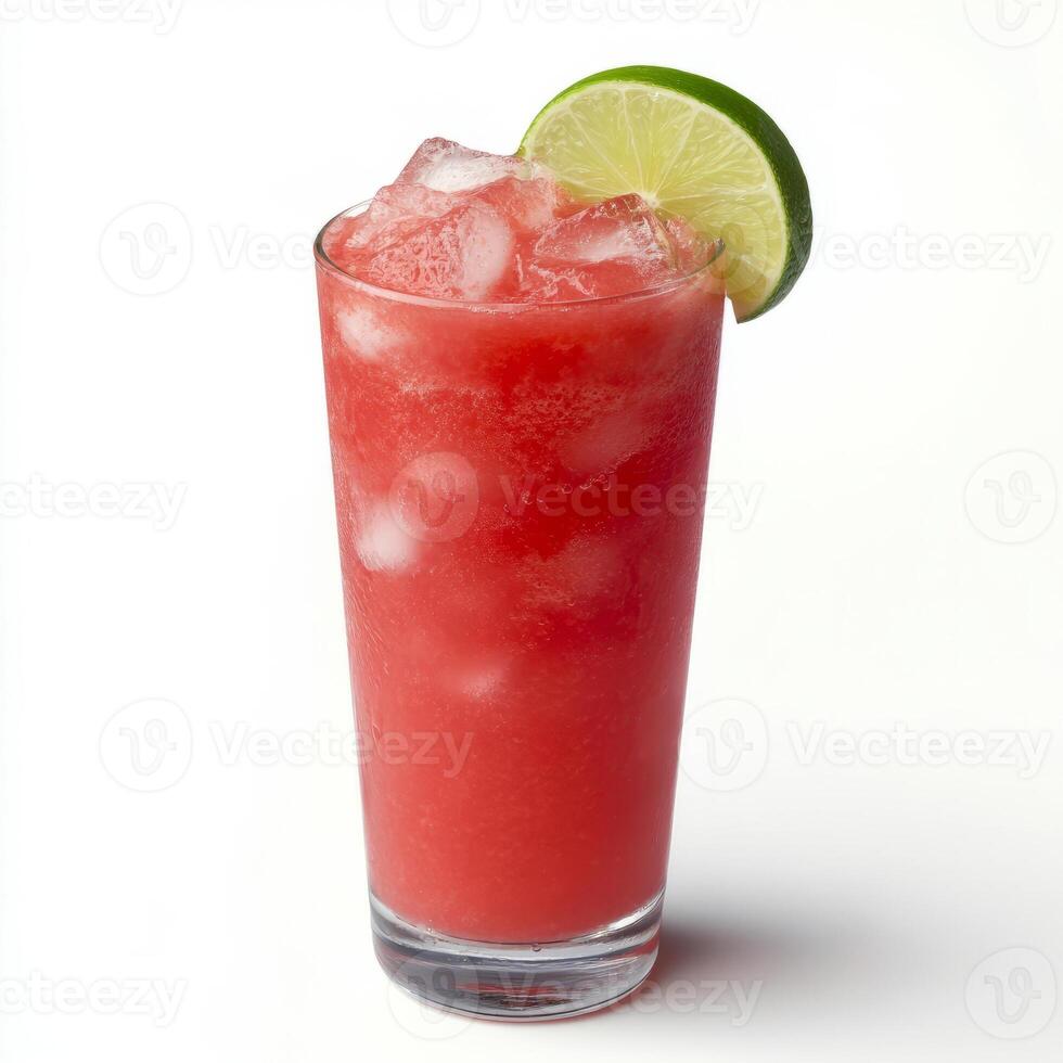A close-up of a refreshing watermelon agua fresca, made with blended watermelon, lime juice, and a photo