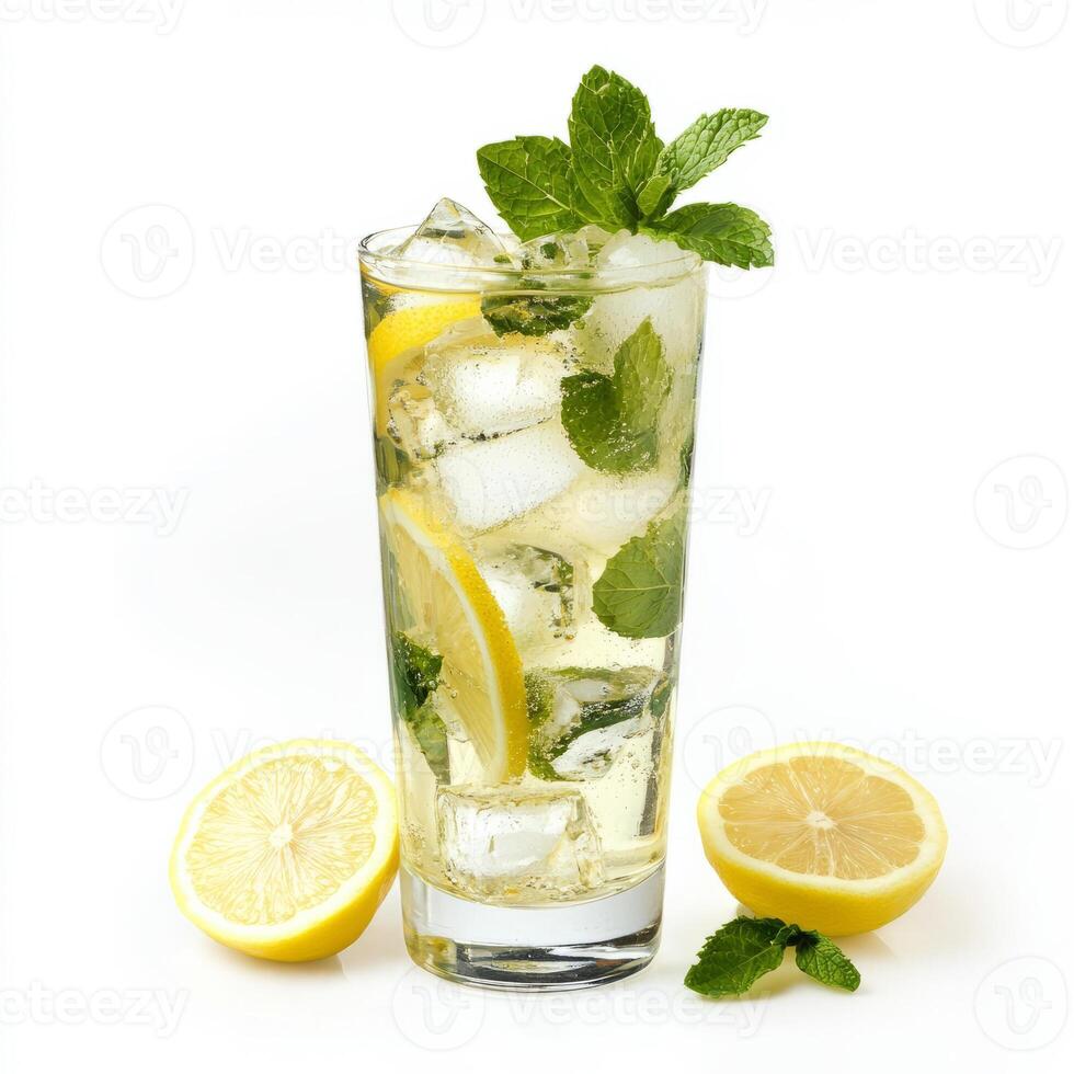A glass of lemonade with mint leaves and ice photo