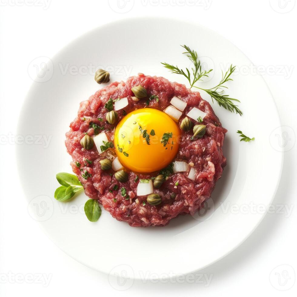 A well crafted shot of a plate of beef tartare, featuring raw ground beef with capers, onions, and photo