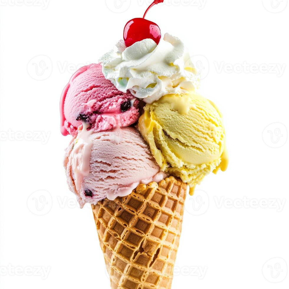 Three different flavors of ice cream in a waffle cone photo