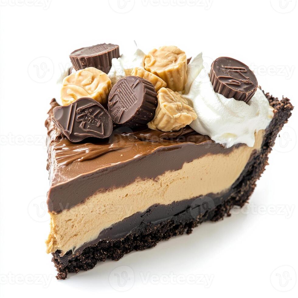 An enticing shot of a slice of chocolate peanut butter pie, featuring a creamy peanut butter filling photo