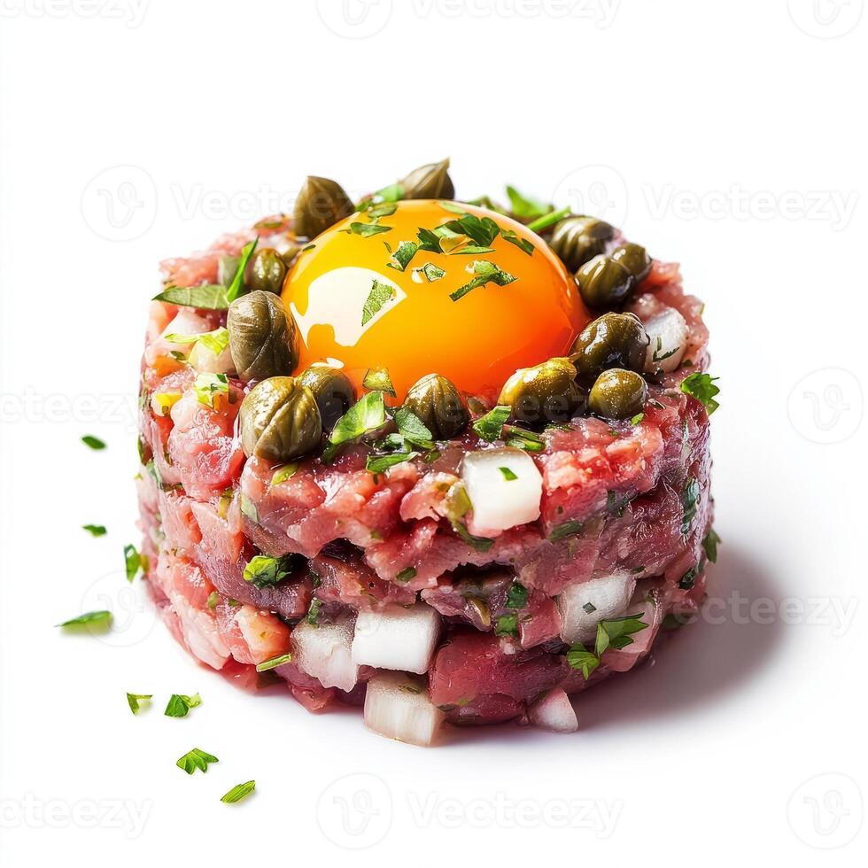 A finely presented image of a steak tartare, featuring raw ground beef mixed with capers, onions, photo