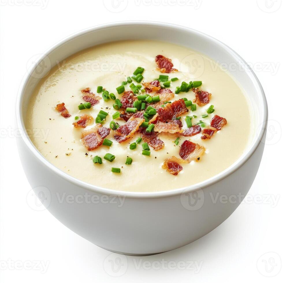 A detailed image of a bowl of creamy cauliflower soup, topped with crispy bacon bits and chives, photo