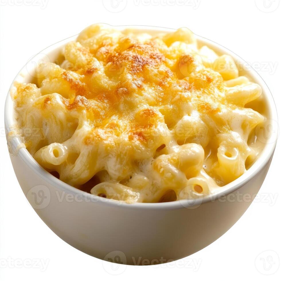 A close-up of a bowl of macaroni and cheese, its pasta creamy and cheesy, topped with a golden brown photo