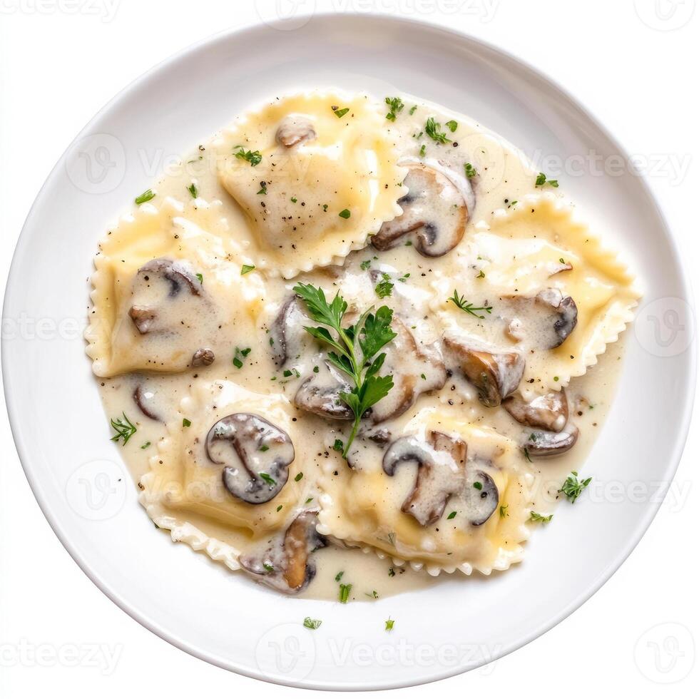 A beautifully arranged image of a plate of mushroom ravioli, served in a creamy Parmesan sauce with photo