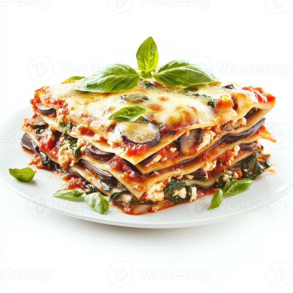 A vibrant plate of vegetable lasagna, with layers of zucchini, eggplant, mushrooms, spinach, ricotta photo