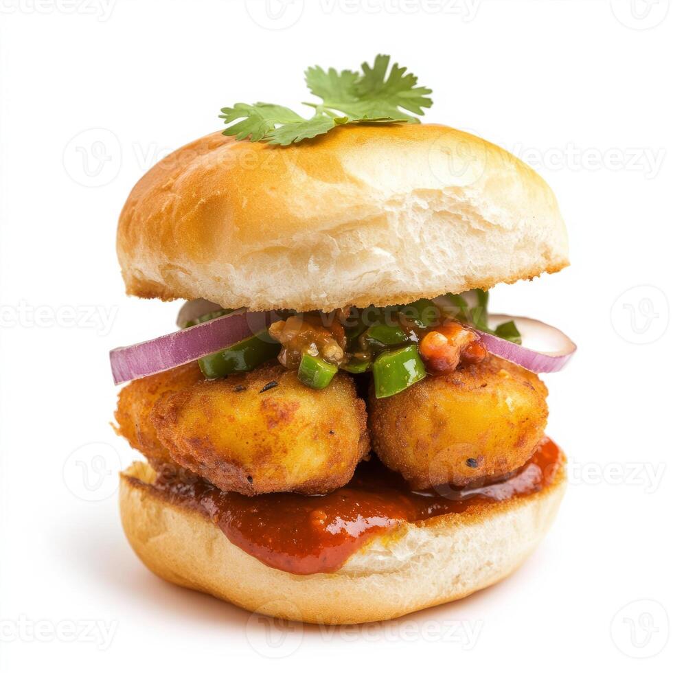 A sandwich with meat and vegetables on a bun photo