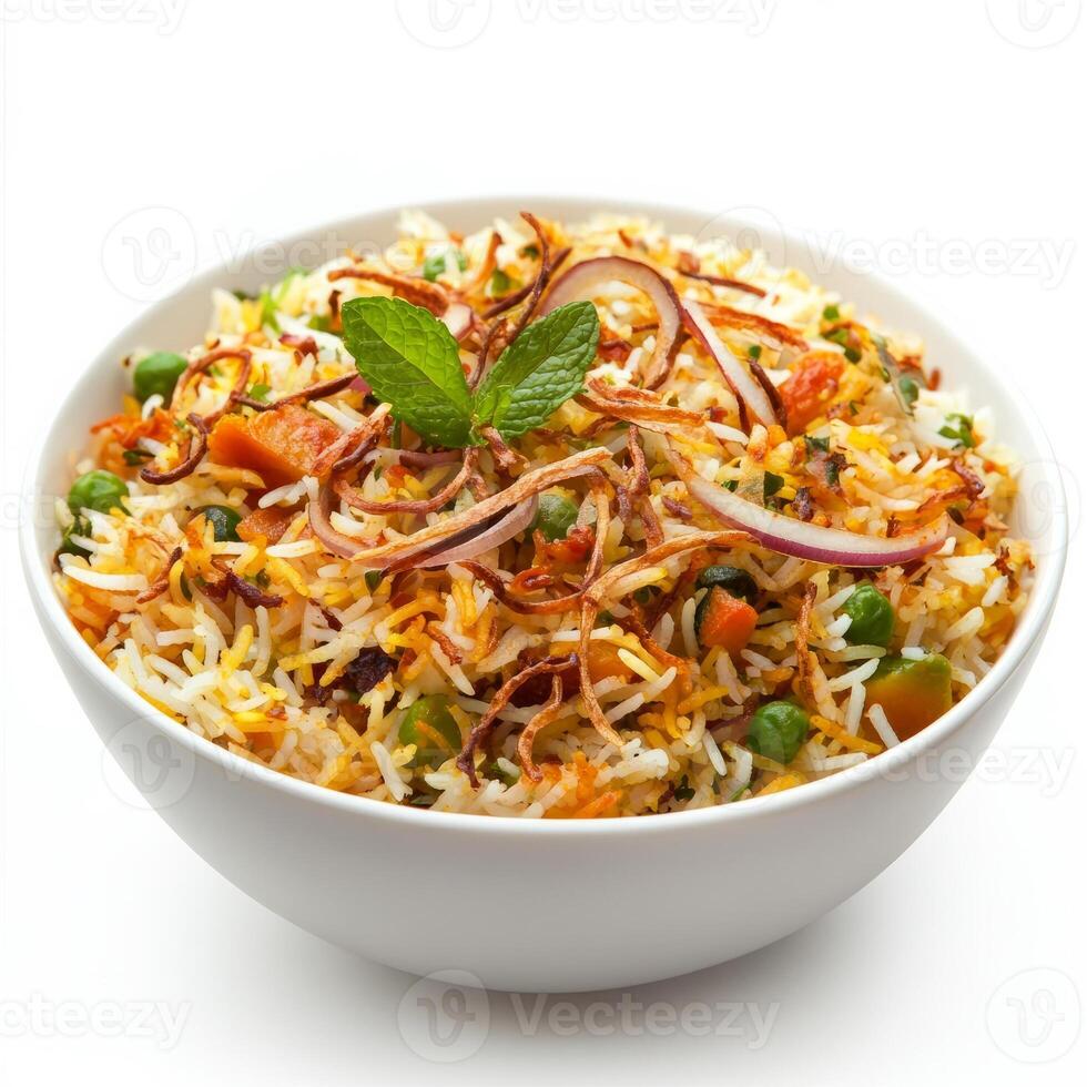 A bowl of vegetable biryani, with a mix of colorful vegetables, basmati rice, and aromatic spices, photo