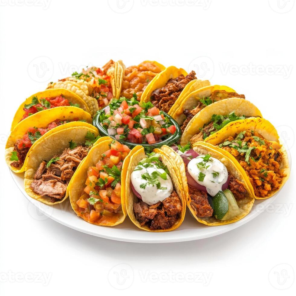 A platter of colorful tacos, each filled with a different combination of meat, vegetables, and salsa photo
