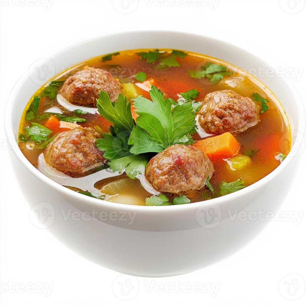 A close-up of a hearty bowl of albondigas soup, Mexican meatball soup, with tender meatballs, photo