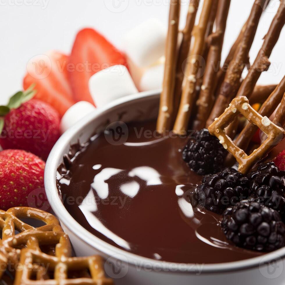 A delectable close-up of a chocolate fondue pot, surrounded by fresh fruit slices, marshmallows, and photo