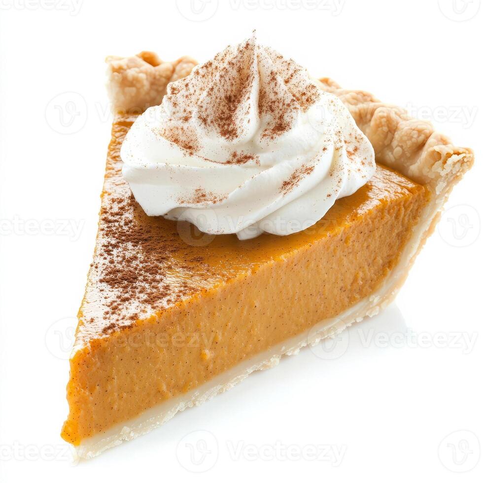 A close-up of a slice of pumpkin pie, its crust flaky and golden brown, topped with a dollop of photo