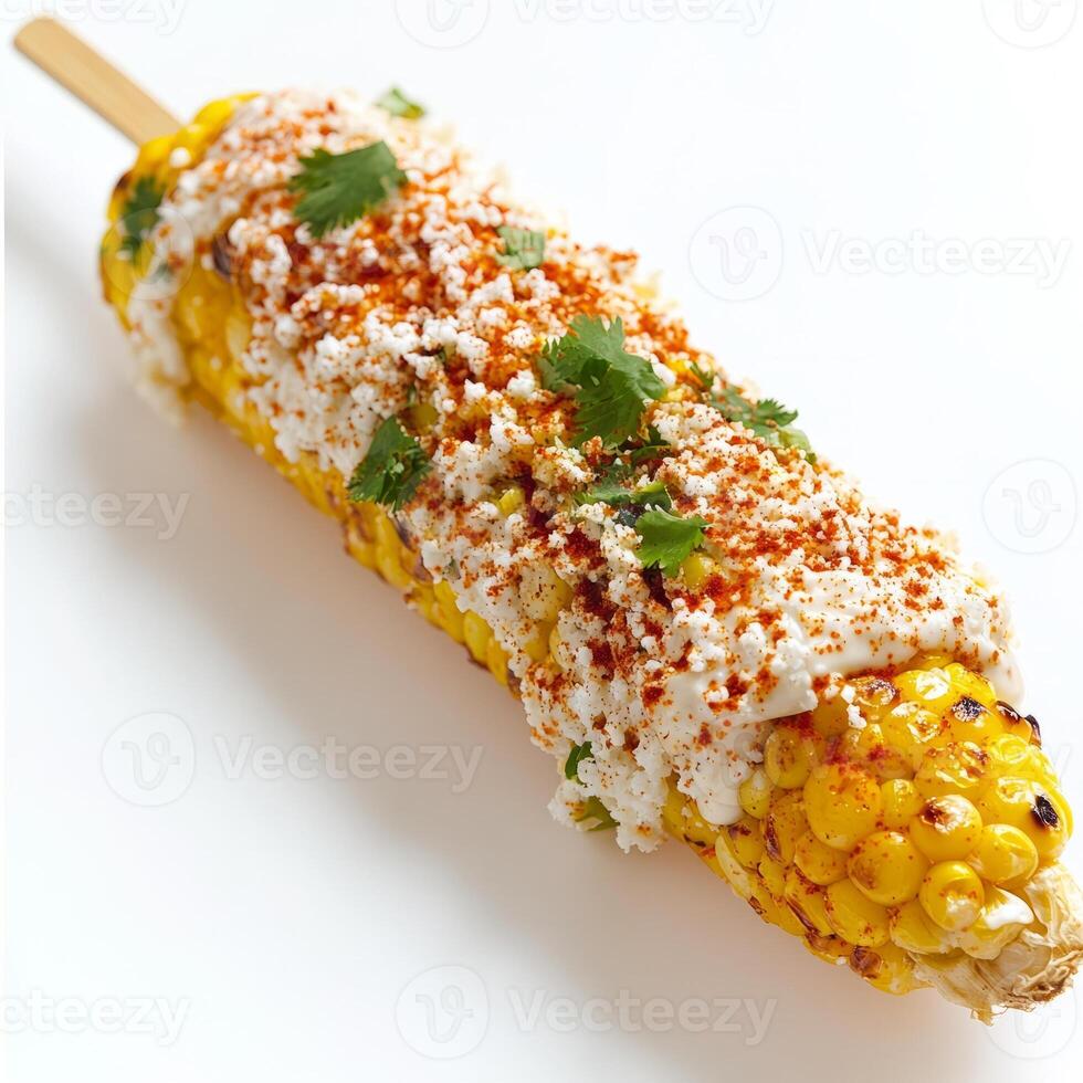 A corn on the cob with a side of cheese and cilantro photo