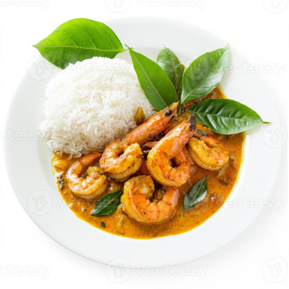 A plate of prawn curry, with prawns cooked in a tangy coconut and tamarind sauce, served with rice photo