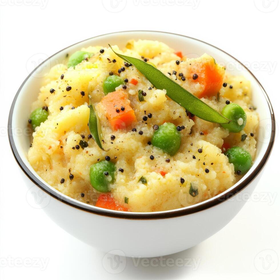 A close-up of a upma, with a savory porridge made from semolina, vegetables, and spices, isolated on photo