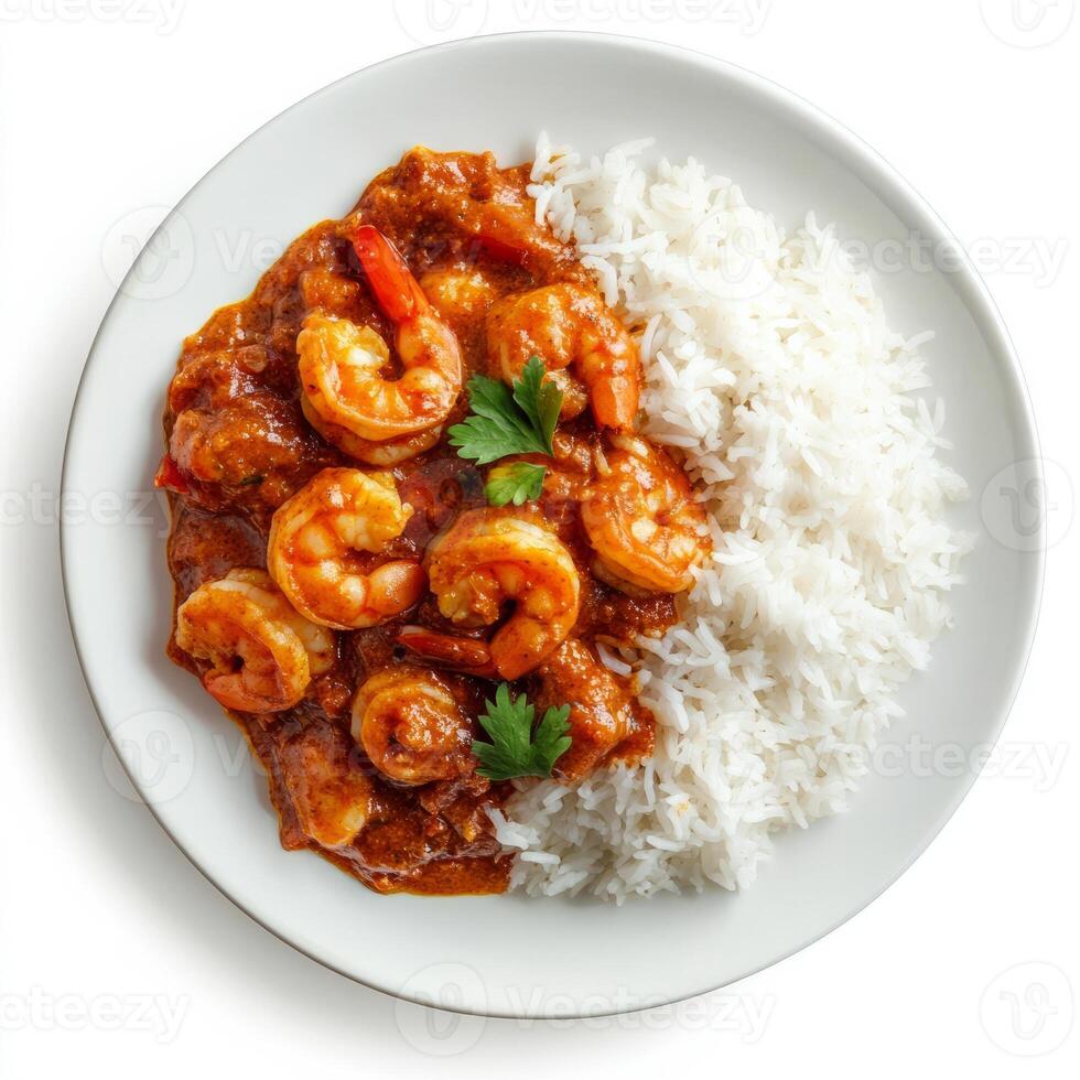 A plate of prawn masala fry, with prawns cooked in a spicy masala sauce, served with rice, isolated photo