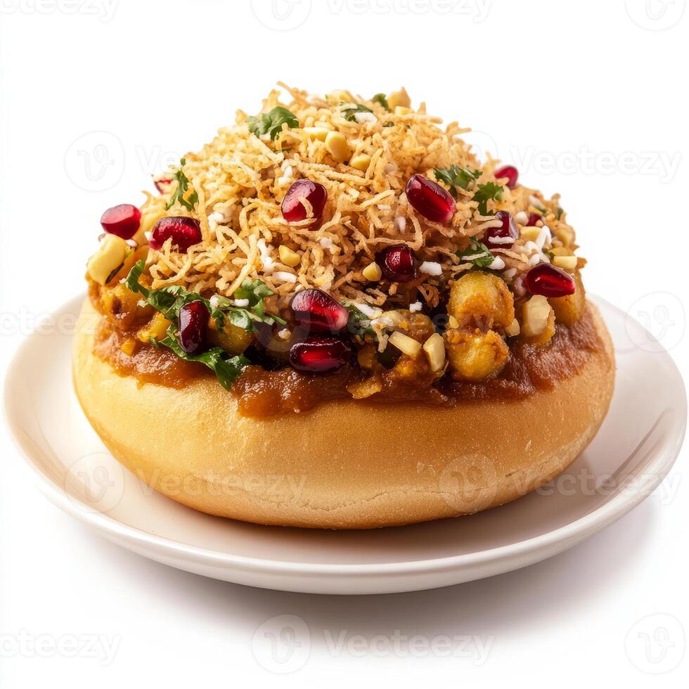 A close-up of a dabeli, with a spicy potato mixture stuffed in a bun, topped with chutneys and photo