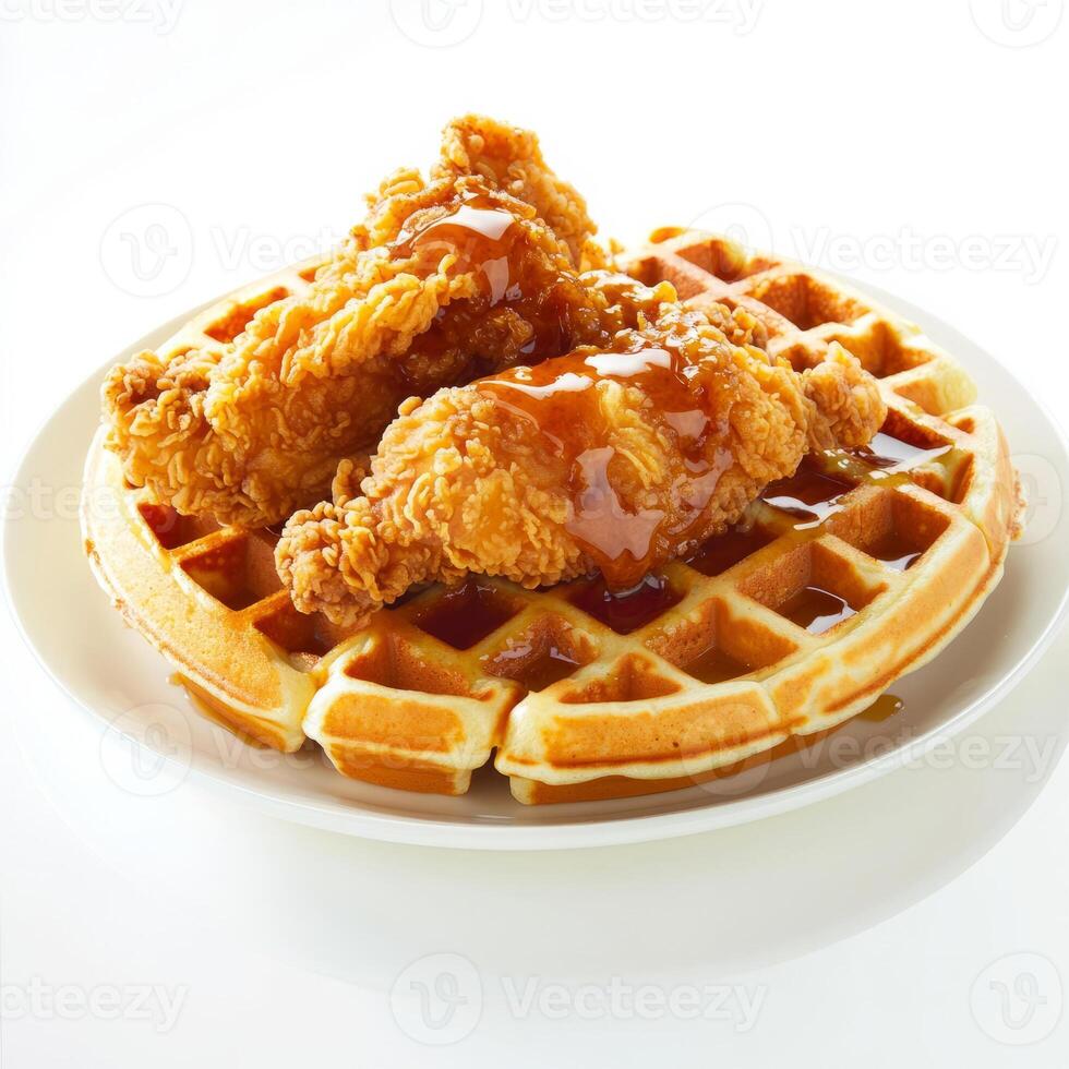 An enticing image of a plate of chicken and waffles, featuring crispy fried chicken and fluffy photo