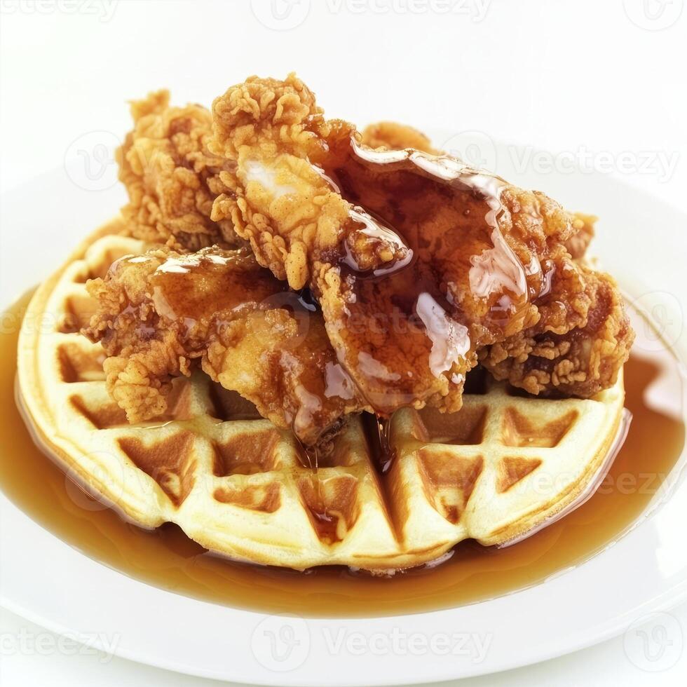 A meticulous close-up of a plate of chicken and waffles, featuring crispy fried chicken and fluffy photo