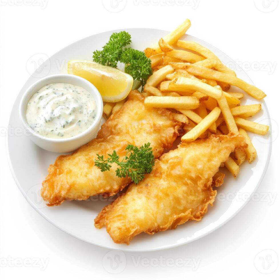 A detailed image of a plate of fish and chips, featuring crispy battered fish fillets and photo