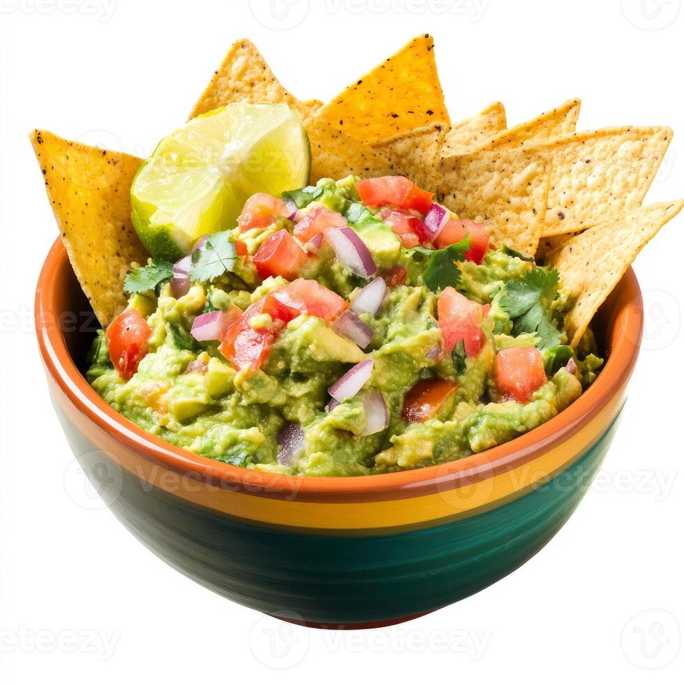 A vibrant bowl of guacamole, made with ripe avocados, diced tomatoes, onions, cilantro, and lime photo