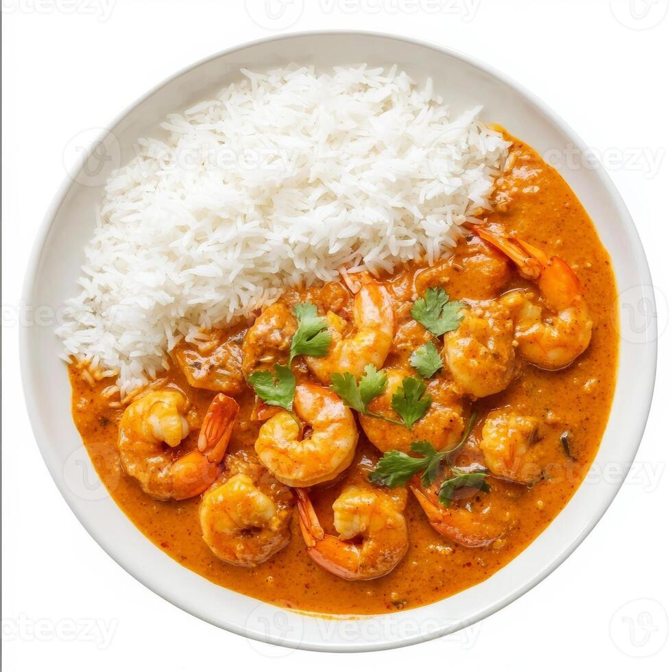 A plate of prawn curry, with prawns cooked in a tangy coconut and tamarind sauce, served with rice, photo