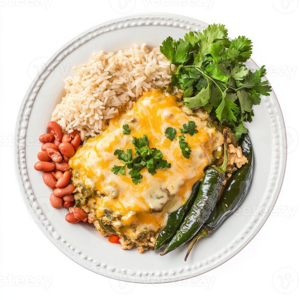 A plate of chile relleno casserole, a cheesy casserole with roasted poblano peppers, cheese, and a photo