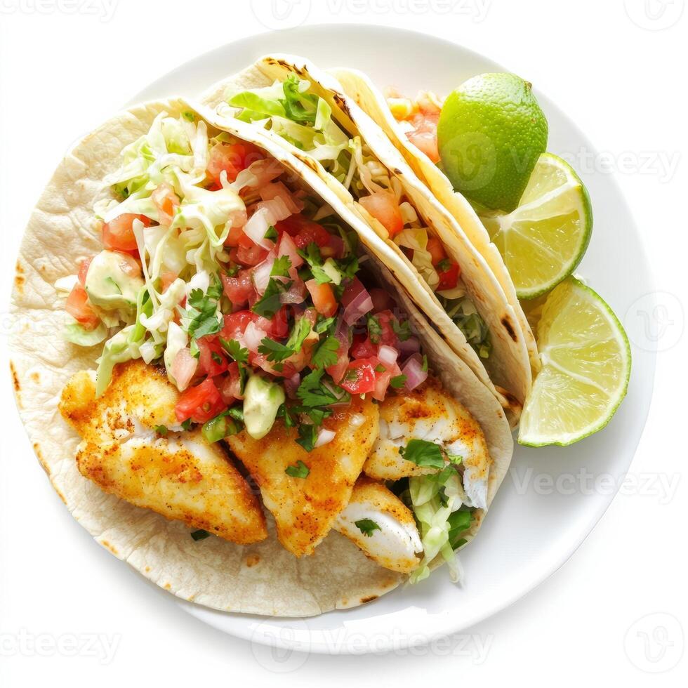 A delicious fish taco platter, with crispy fried or grilled fish, shredded cabbage, pico de gallo, photo