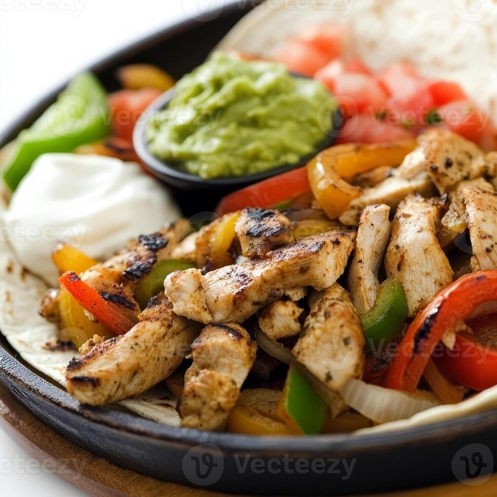 A close-up of a sizzling plate of chicken fajitas, featuring grilled chicken, bell peppers, and photo