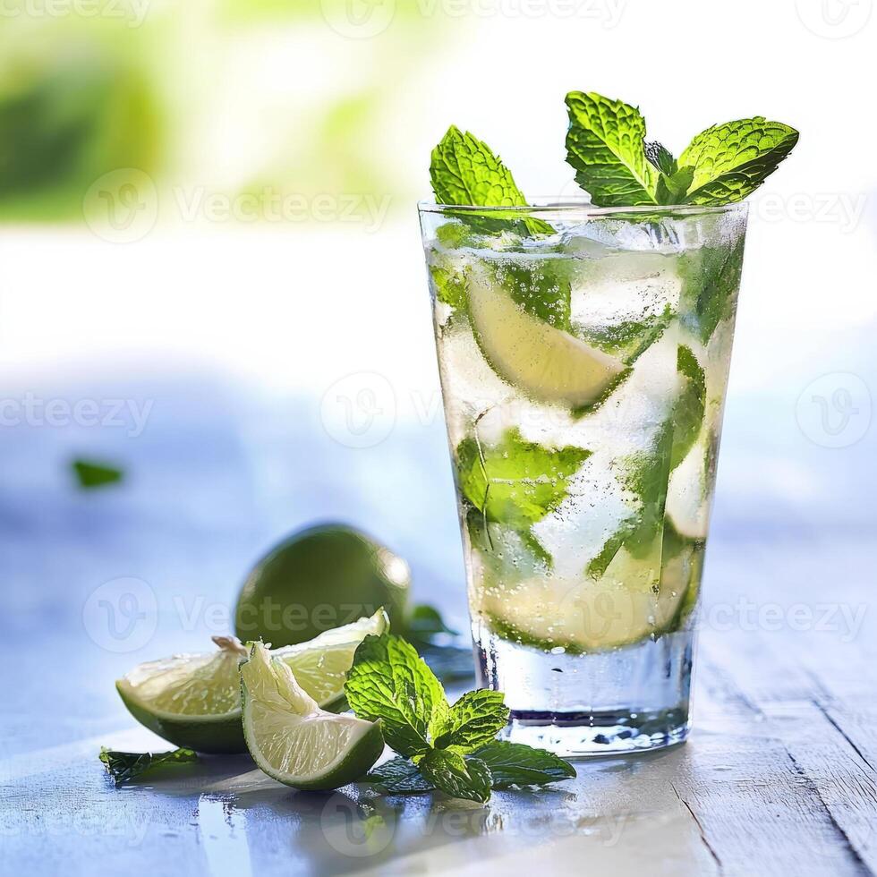 A glass of refreshing mojito, garnished with fresh mint leaves, lime wedges, and a splash of rum, photo