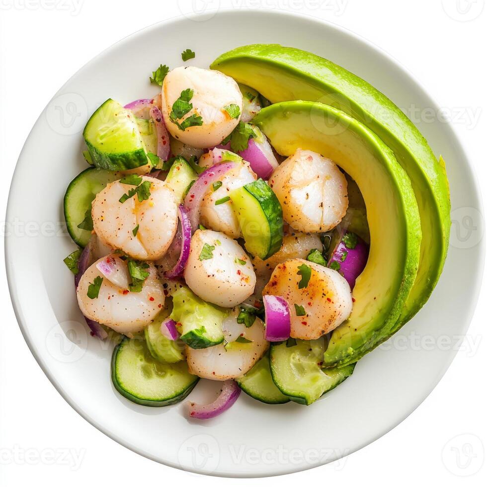 A plate of scallop aguachile, scallops marinated in lime juice, with cucumbers, red onions, and photo