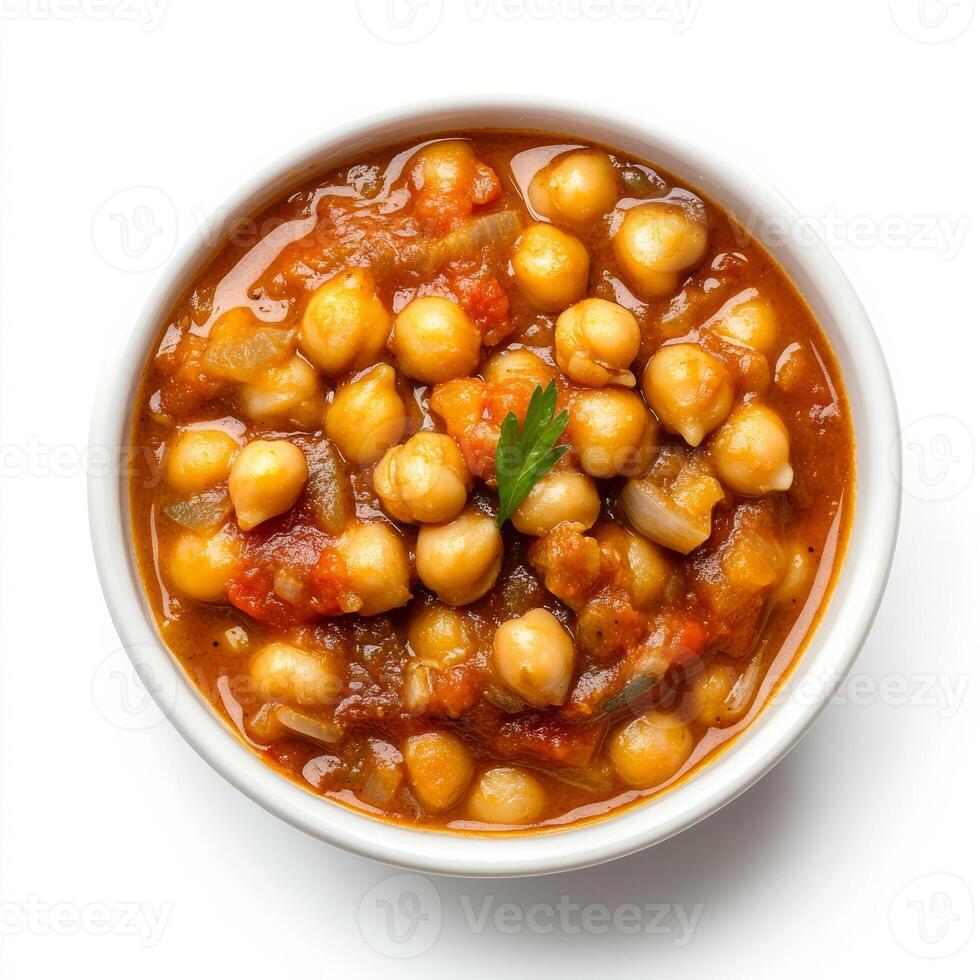 A bowl of chana masala, with chickpeas cooked in a spicy tomato and onion sauce, isolated on clean photo