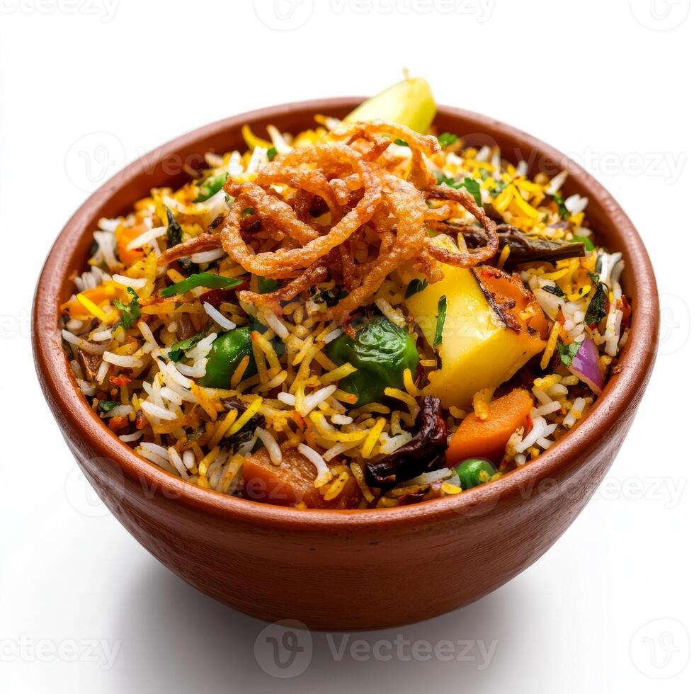 A vibrant bowl of vegetable biryani, with colorful vegetables, basmati rice, and aromatic spices, photo