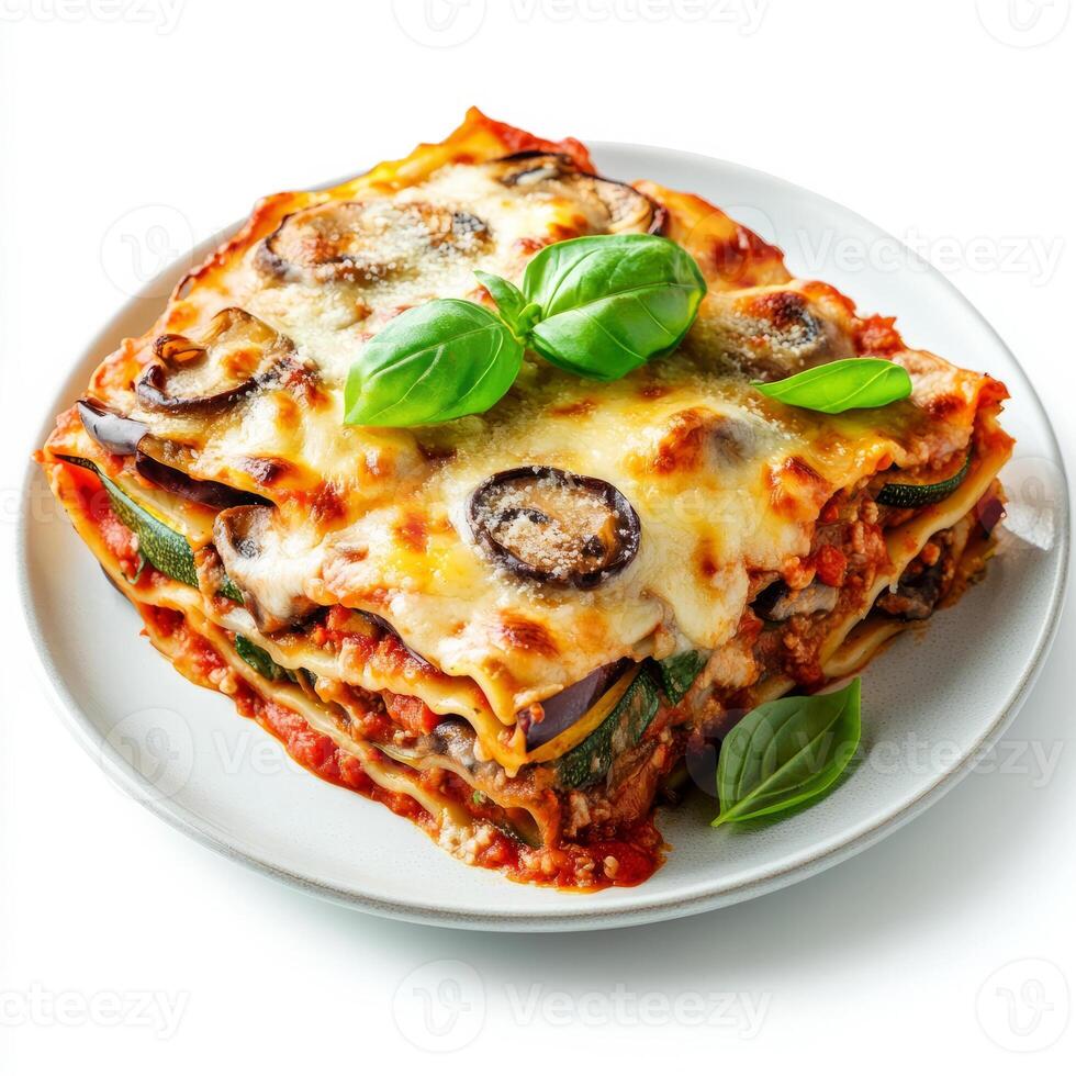 A plate of lasagna with vegetables and cheese photo