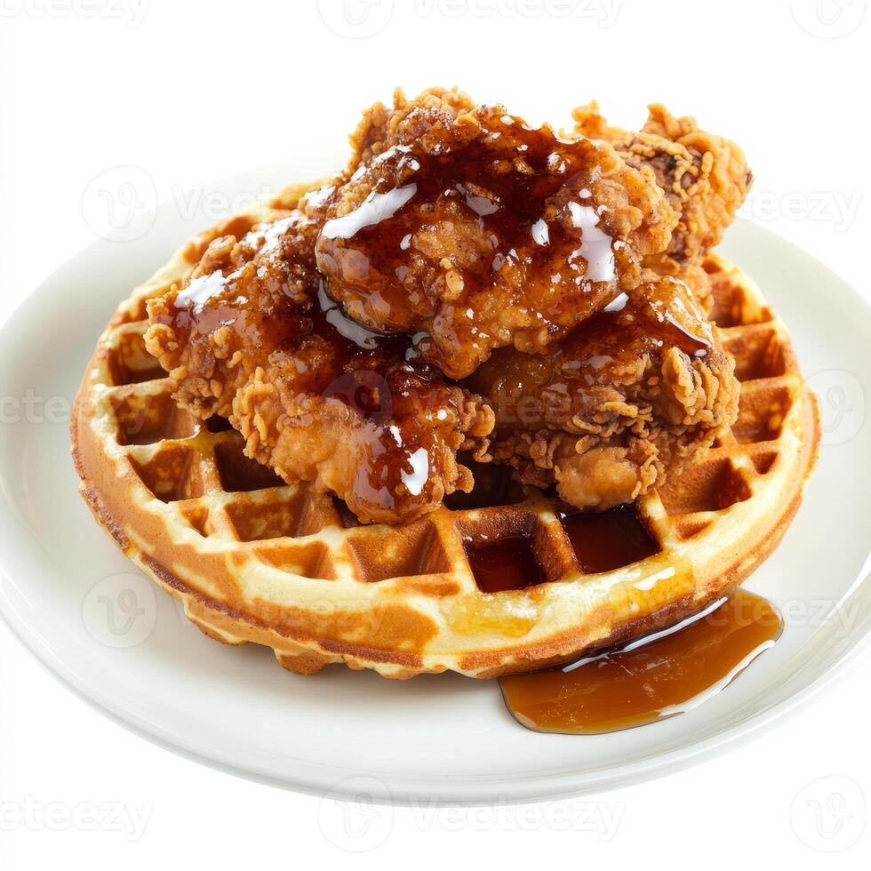 A detailed close-up of a plate of chicken and waffles, featuring crispy fried chicken and fluffy photo