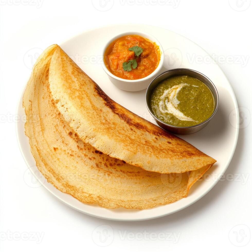 A close-up of a crispy dosa, filled with spiced potatoes and served with coconut chutney and sambar, photo