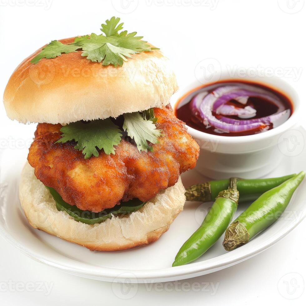 A plate with a burger and some vegetables on it photo