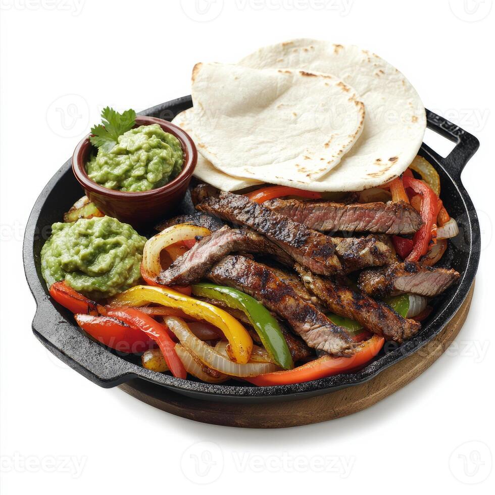 A sizzling fajita platter, with strips of marinated steak, bell peppers, and onions, grilled to photo