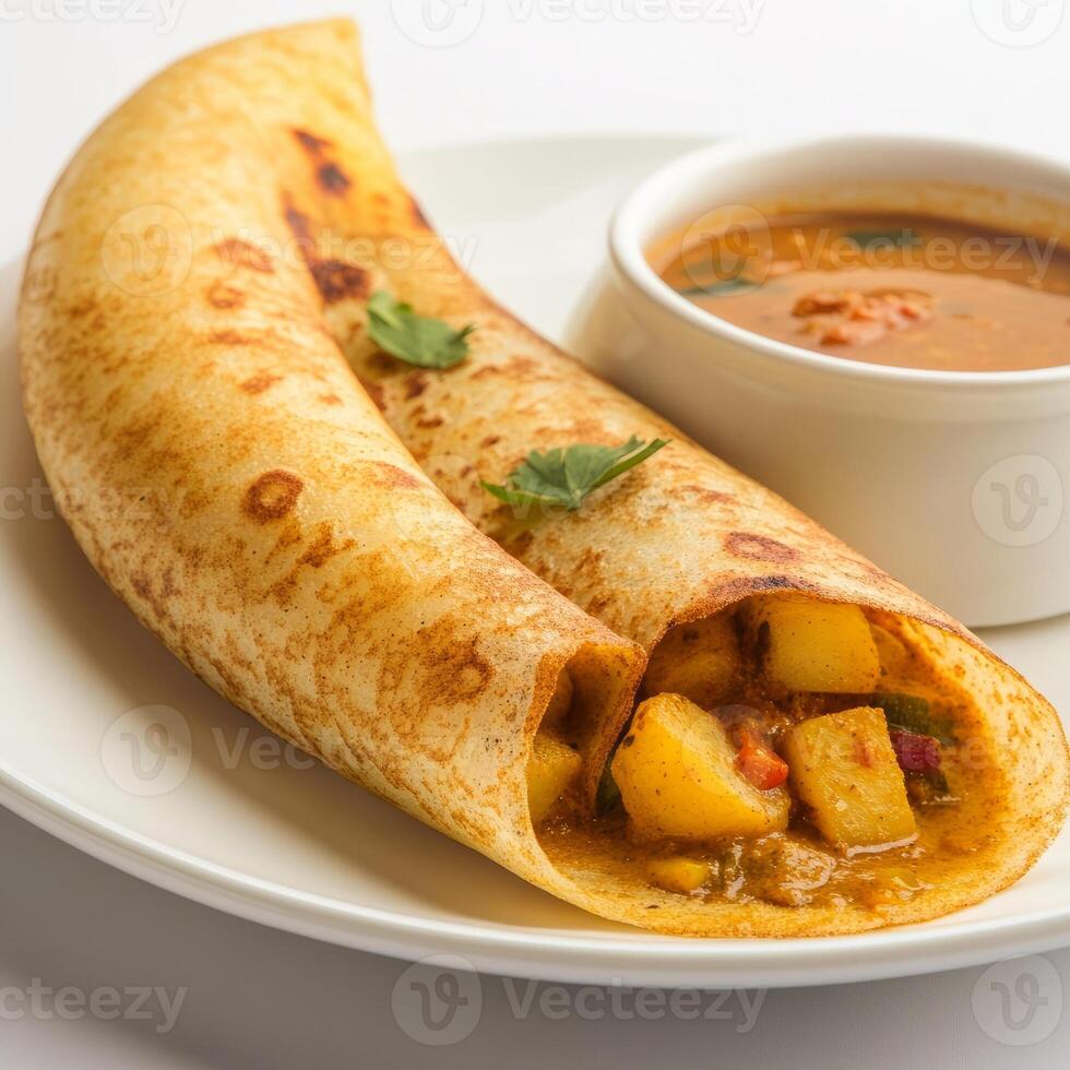 A close-up of a masala dosa, with a crispy crepe filled with spiced potatoes, coconut chutney, and photo