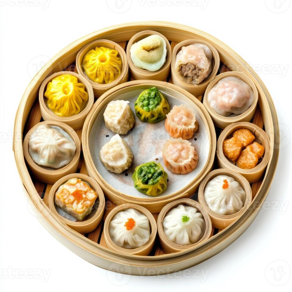 A platter of colorful dim sum, each delicate dumpling filled with a different savory filling, photo