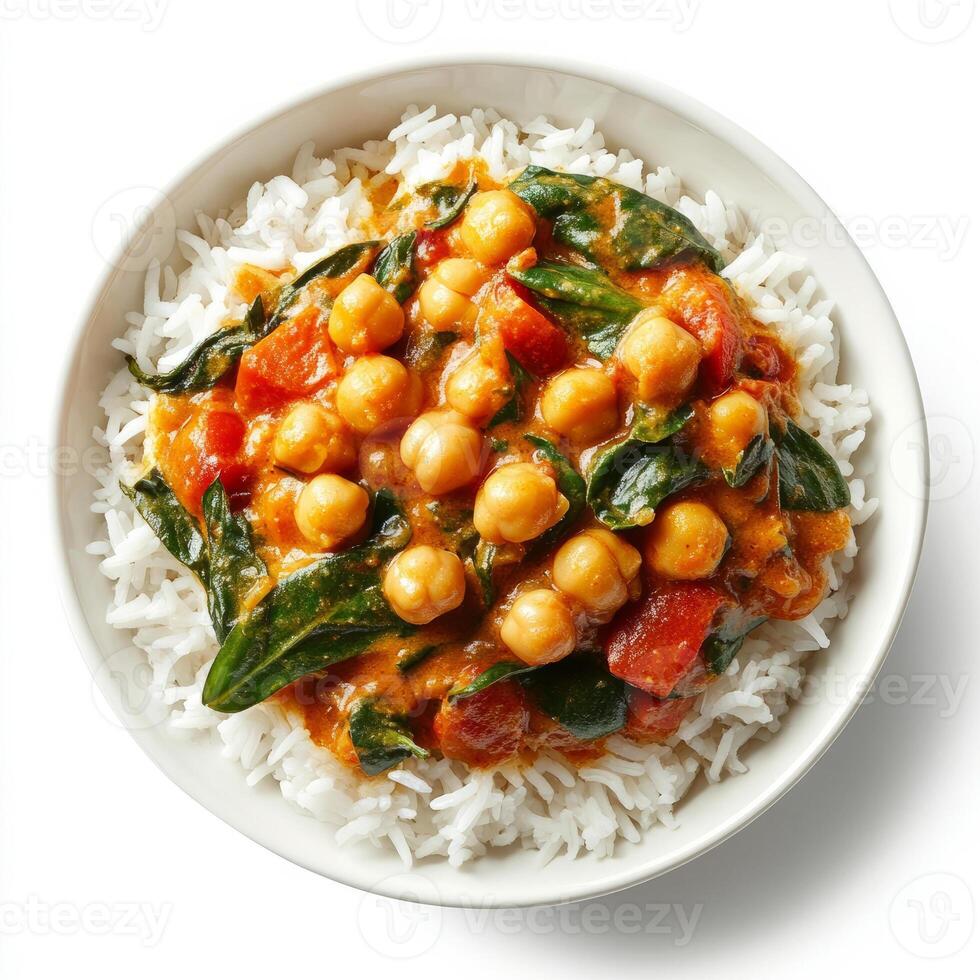 A bowl of vegetable curry with coconut milk, chickpeas, and spinach, served over basmati rice, photo
