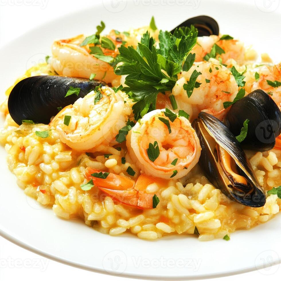 A close-up of a plate of seafood risotto, featuring shrimp, scallops, and mussels cooked in a creamy photo