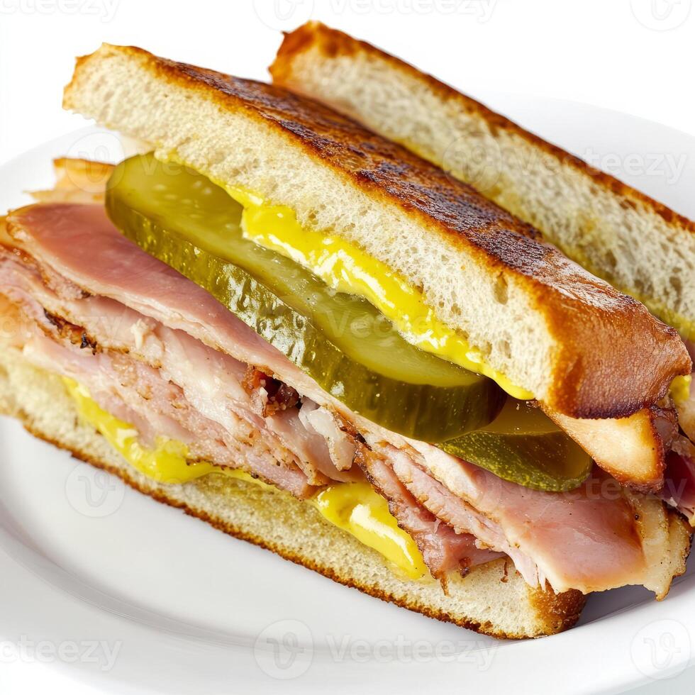 A meticulous close-up of a plate of a Cuban sandwich, featuring roasted pork, ham, Swiss cheese, photo