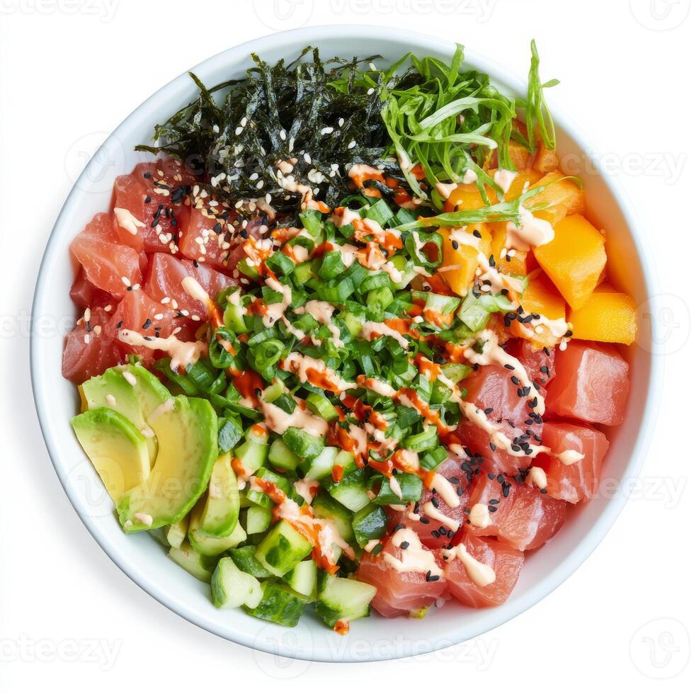 A vibrant poke bowl filled with fresh tuna, avocado, seaweed salad, and a variety of colorful photo