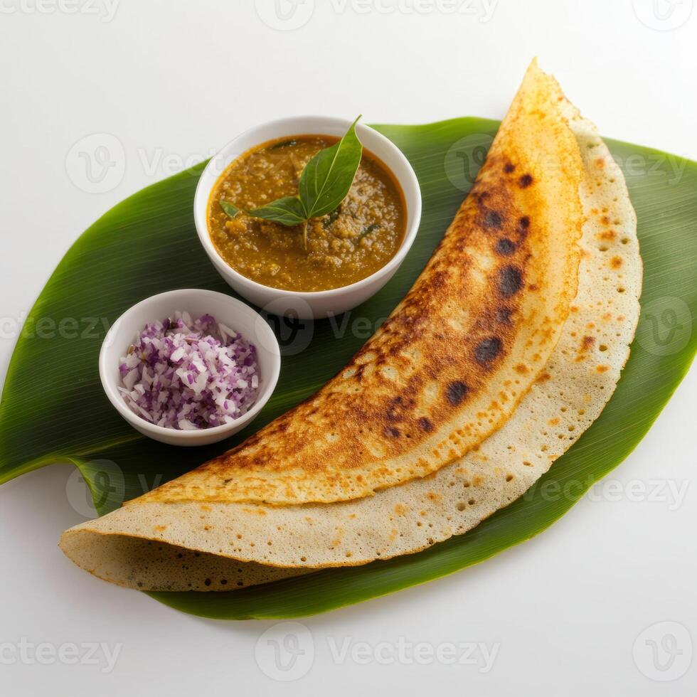 A plate with a dosa and a bowl of sauce photo