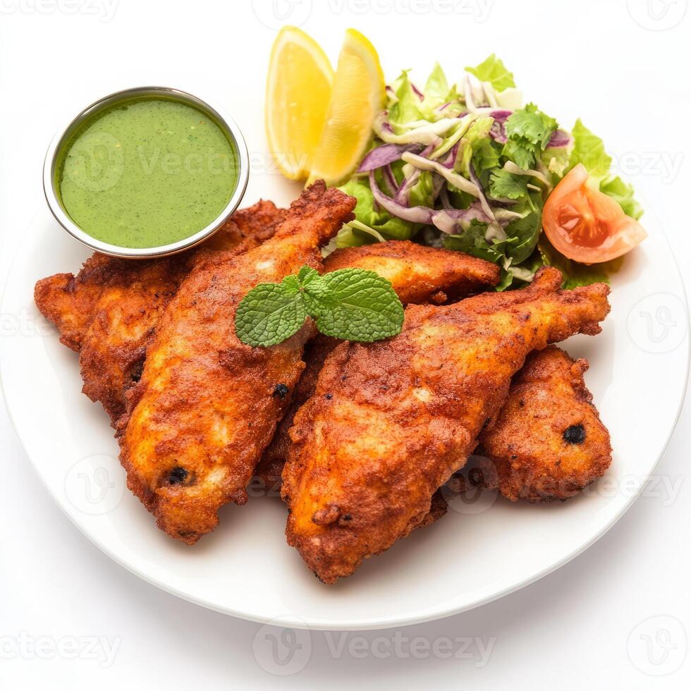 A plate of fish amritsari, with fish marinated in spices and gram flour, fried until crispy, served photo
